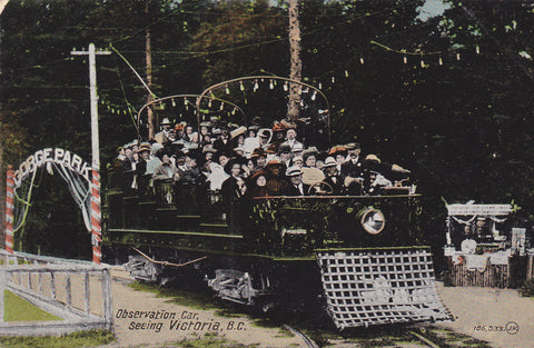 Old Canadian postcard showing people in the Observation Car at Victoria, B.C.