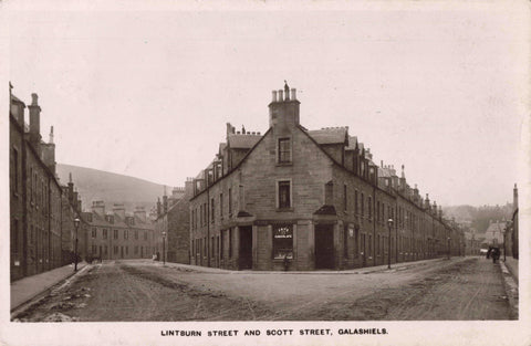 Old real photo postcard of Lintburn Street and Scott Street, Galashiels