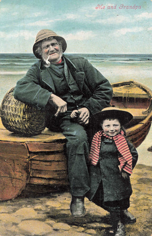 Old postcard of a child with her grandpa, a fisherman