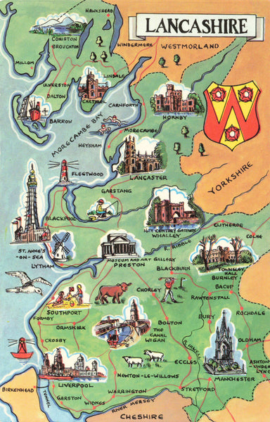 Map postcard showing Lancashire