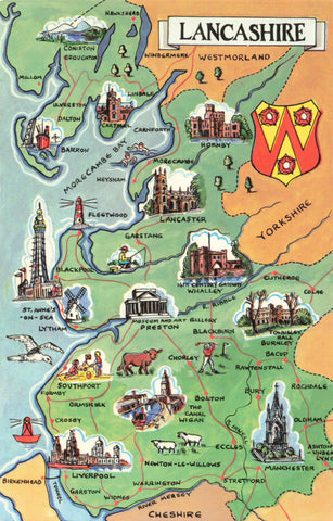 Map postcard showing Lancashire