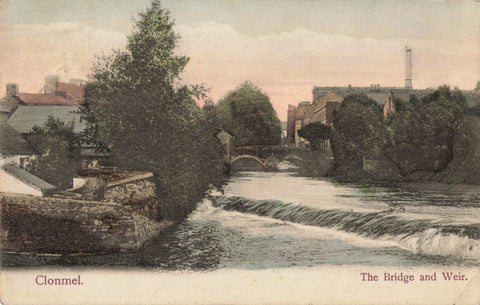 Early 1900s postcard of The Bridge & Weir at Clonmel, Tipperary, Ireland