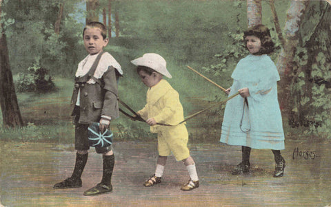 Old postcard featuring children at play, titled Horses