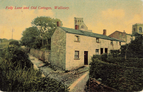 Early 1900s postcard of Folly Lane and Old Cottages, Wallasey in Wirral, Cheshire