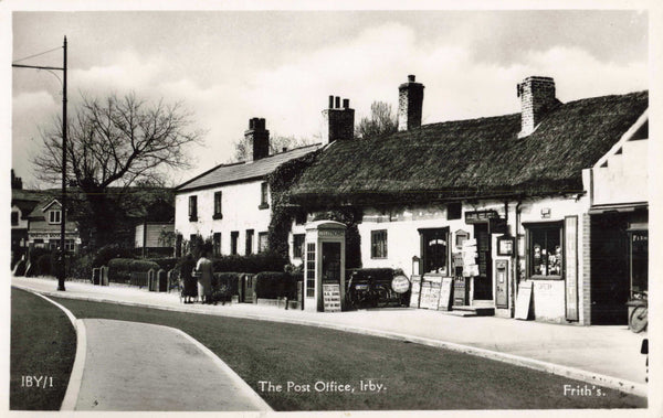Old real photo postcard of the Post Office, Irby, Wirral, Cheshire
