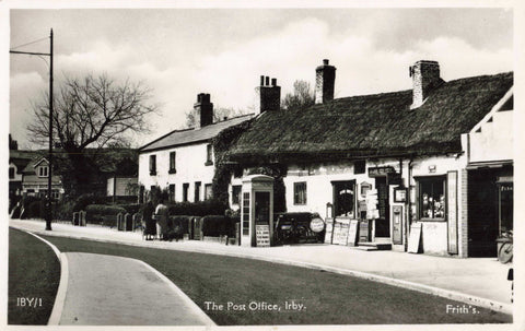 Old real photo postcard of the Post Office, Irby, Wirral, Cheshire