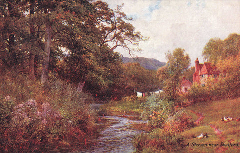 Old postcard of A Stream near Shalford, Surrey, Palmer painting