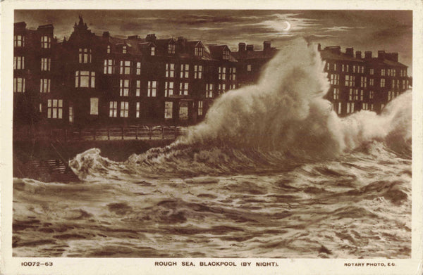 ROUGH SEA, BLACKPOOL, BY NIGHT - OLD REAL PHOTO POSTCARD