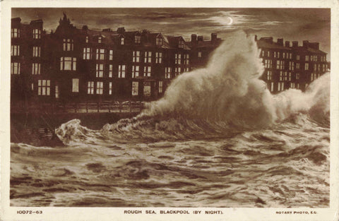 ROUGH SEA, BLACKPOOL, BY NIGHT - OLD REAL PHOTO POSTCARD