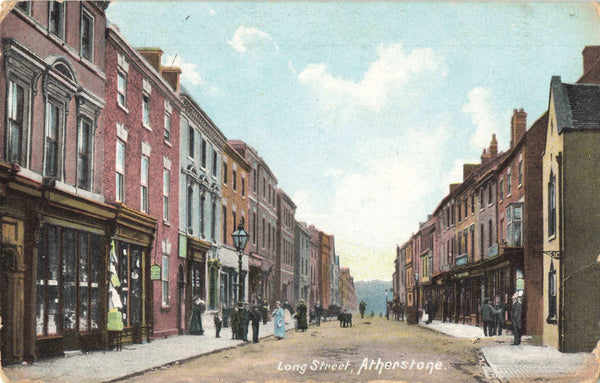 Old postcard of Long Street, Atherstone in Warwickshire