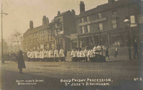 Pre 1918 real photo postcard of Good Friday Procession, St Jude's. Birmingham