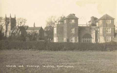 Old postcard of church and vicarage, Leighton, Huntingdon