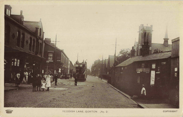Old real photo postcard of Reddish Lane, Gorton, Manchester