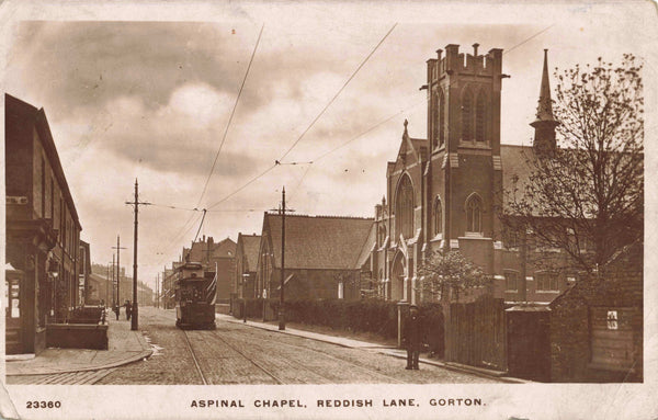 Old real photo postcard of Aspinal Chapel, Reddish Lane, Gorton, Manchester