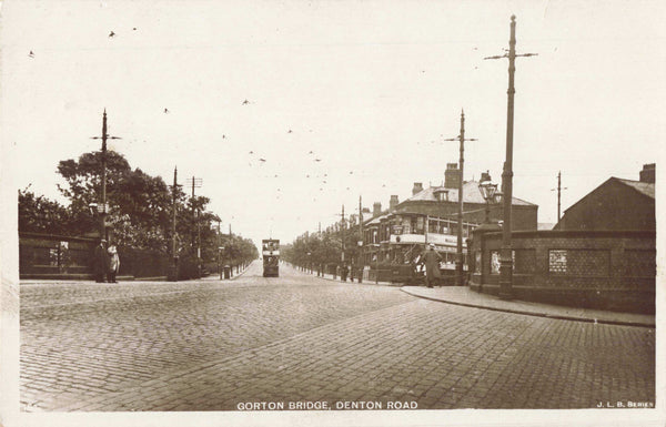 Old real photo postcard of Gorton Bridge, Denton Road, Manchester