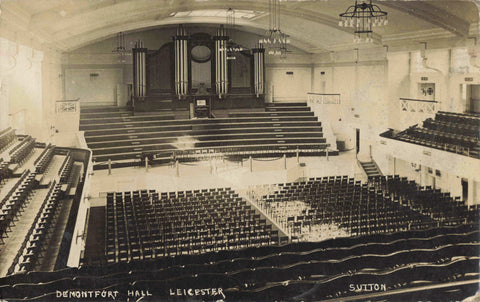 Old real photo postcard of De Montfort Hall, Leicester, showing interior