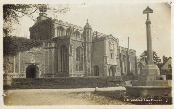 Old postcard of East Bergholt church & war memorial, Suffolk