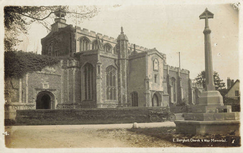Old postcard of East Bergholt church & war memorial, Suffolk