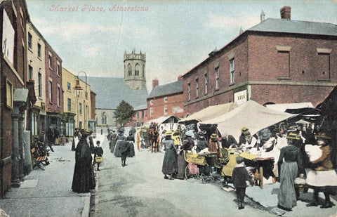 Old postcard of Market Place, Atherstone, in Warwickshire
