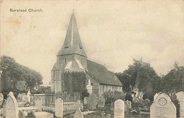 Old postcard of Berstead Church, Sussex, posted 1904