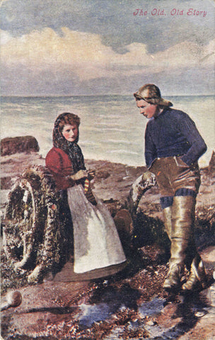THE OLD, OLD STORY - OLD ART POSTCARD, COUPLE BY SEA