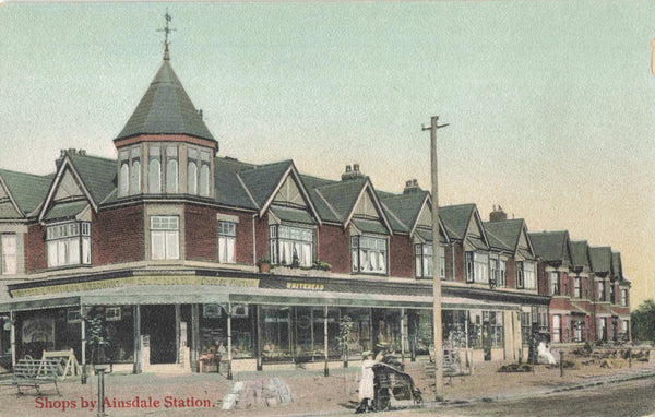 Old postcard showing Shops by Ainsdale Station, which is near Southport
