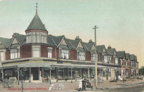 Old postcard showing Shops by Ainsdale Station, which is near Southport