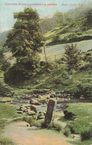 Old postcard of Stepping Stones, Hardcastle Crags in Yorkshire