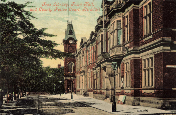 1909 postcard of the Free Library, Town Hall and County Police Court, Birkdale nr Southport