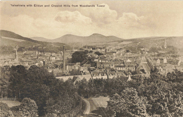 GALASHIELS WITH EILDON & CHEVIOT HILLS FROM WOODLANDS TOWER OLD POSTCARD