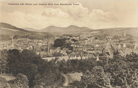 GALASHIELS WITH EILDON & CHEVIOT HILLS FROM WOODLANDS TOWER OLD POSTCARD