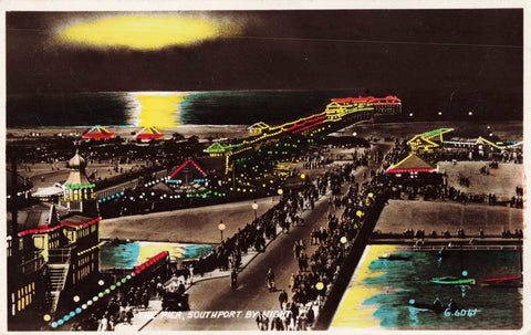 Early 1960s colour real photo postcard of Southport Pier by Night