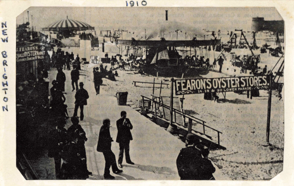 NEW BRIGHTON 1910 - FEARON'S OYSTER STORES ON BEACH, REPRODUCTION POSTCARD