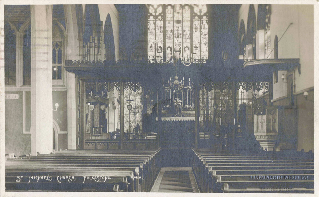 Old real photo postcard of St Michael's Church, Folkestone