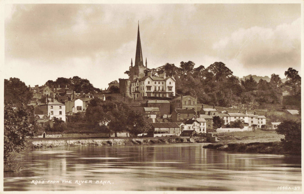 Old real photo postcard of Ross from the River Bank in Herefordshire