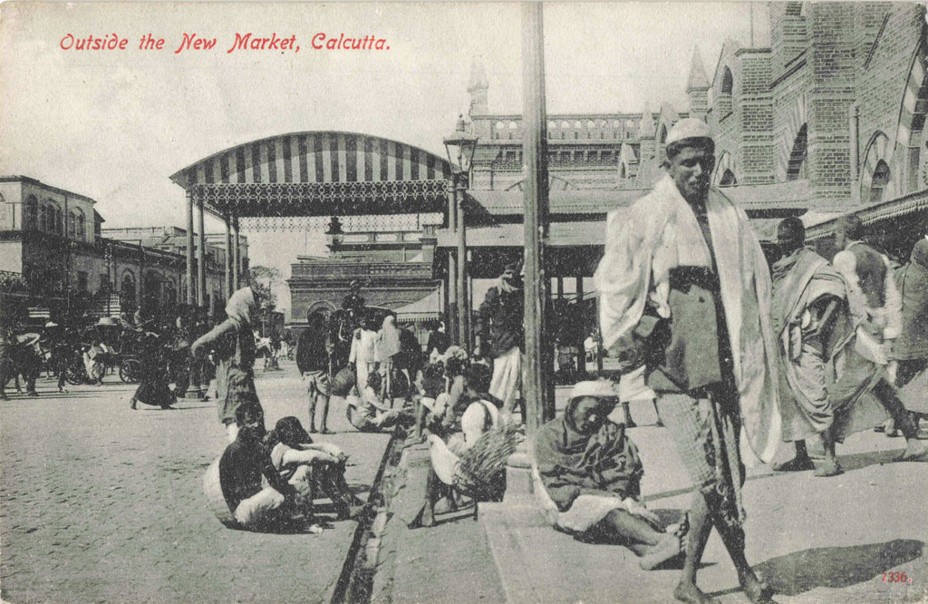 Old postcard titled Outside the New Market, Calcutta