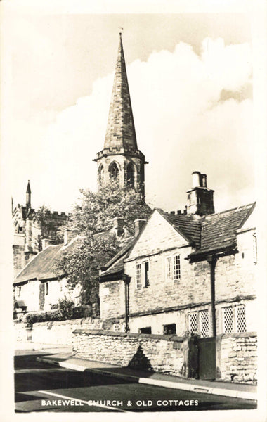 Old real photo postcard of Bakewell Church and Old Cottages, Derbyshire