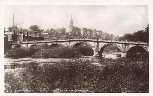 Old real photo postcard of English Bridge, Shrewsbury in Shropshire