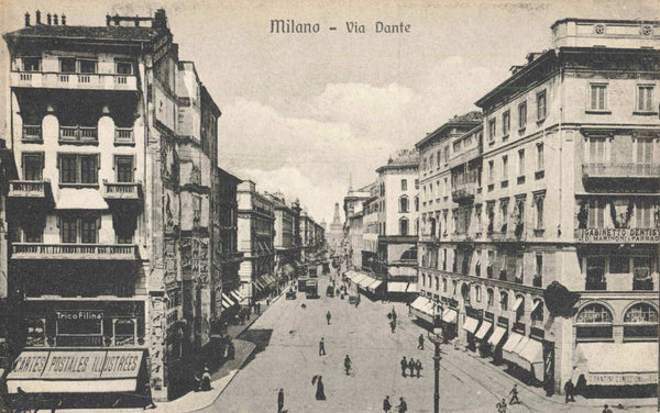 Old postcard of Via Dante, Milan 