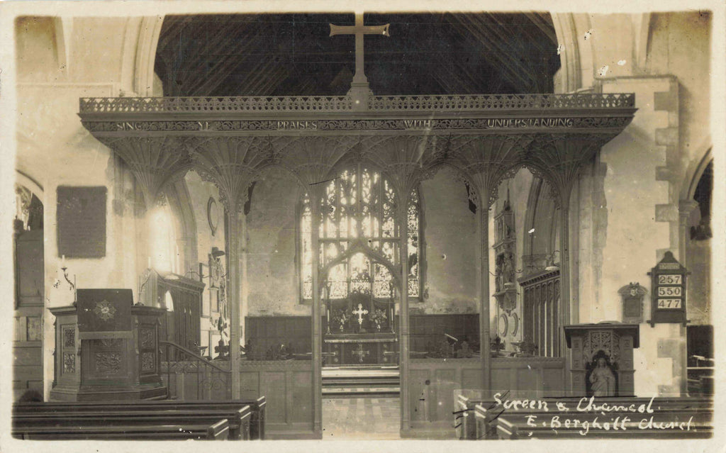 Old real photo postcard of Screen & Chancel, East Bergholt Church, Suffolk