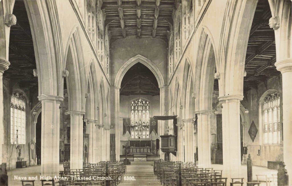 Old postcard of the Nave and High Altar, Thaxted Church, Essex