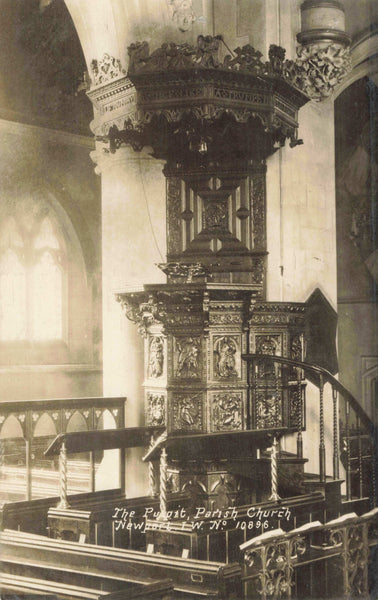 Old real photo postcard of The Pulpit, Parish Church, Newport, Isle of Wight