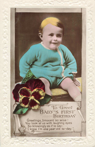 old birthday greetings postcard baby's first birthday