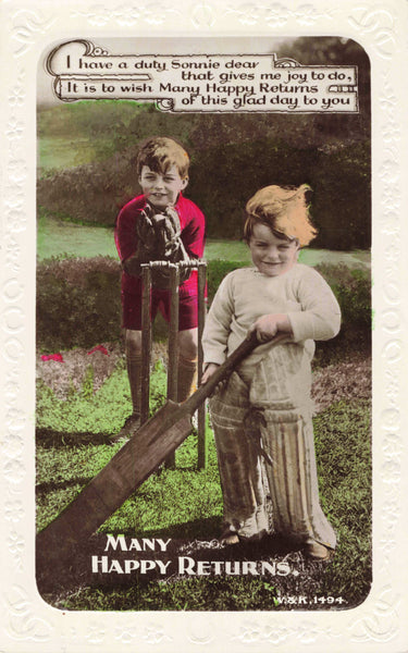 OLD BIRTHDAY GREETINGS POSTCARD, CRICKET