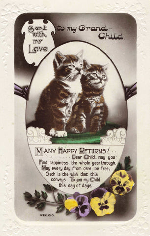 MANY HAPPY RETURNS, VINTAGE CATS BIRTHDAY POSTCARD TO DENNIS (ref 5645/22)