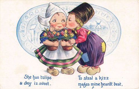 SHE HAS TULIPS - OLD 1913 POSTCARD