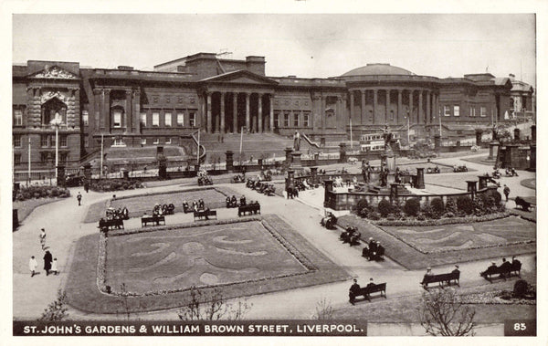 Old postcard of St John's Gardens &amp; William Brown Street, Liverpool