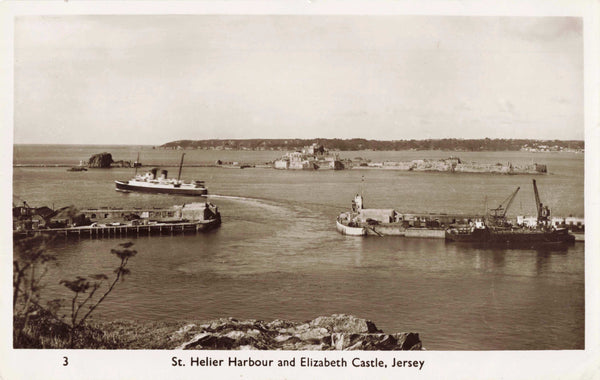 Old real photo postcard of St Helier Harbour &amp; Elizabeth Castle in Jersey