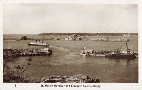 Old real photo postcard of St Helier Harbour &amp; Elizabeth Castle in Jersey