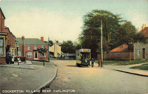 Vintage postcard of a street scene with a tram in Cockerton Village near Darlington.